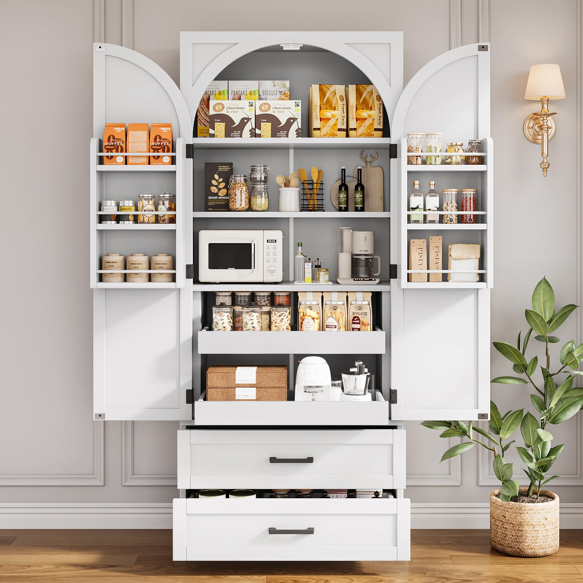 iPormis 71" Tall Kitchen Pantry Storage Cabinet w/Adjustable Shelf, Door Shelves & Large Drawers, Freestanding Kitchen Cupboard for Dining Room/Living Room, White