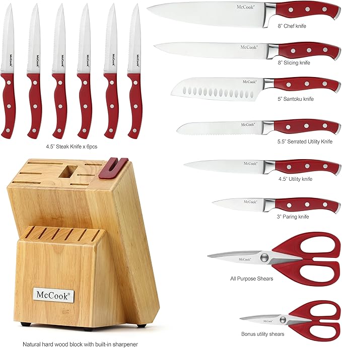 McCook Knife Set Red Kitchen Knife Block Set w Built-in Sharpener