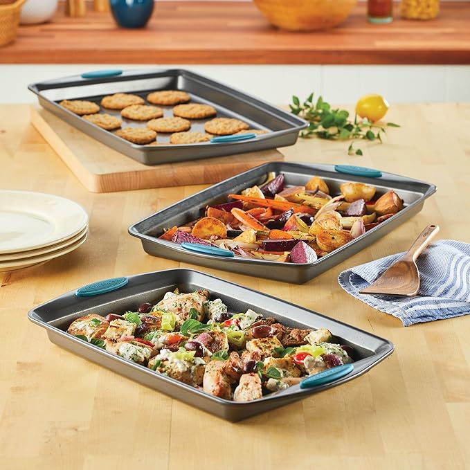 Rachael Ray Nonstick Baking Pans Set, 3-Piece Cookie Pan Bakeware, Gray with Agave Blue Silicone Grips