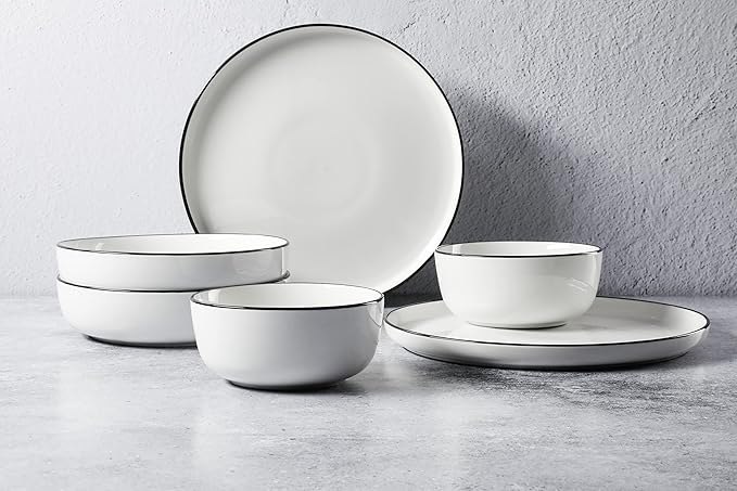 Gibson Home Oslo 16-Piece Porcelain Dinnerware Set, Service for 4 – White Plates with Black Rim, Microwave & Dishwasher Safe