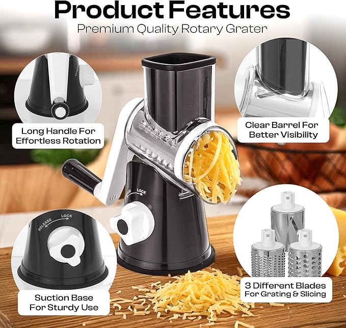 Rotary Cheese Grater Hand Crank - Cheese Shredder Hand Crank with Handle