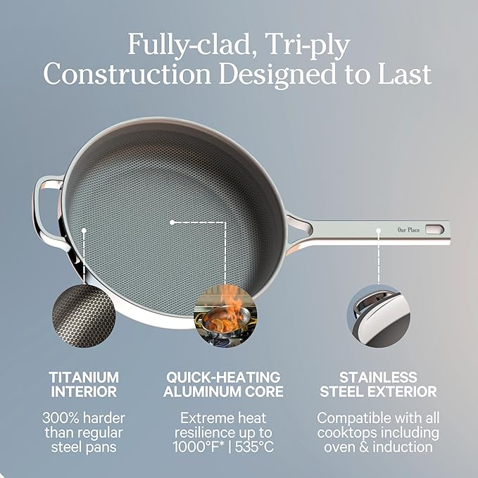 Our Place Mini Titanium Always Pan Pro | 8.5" PFAS-Free Nonstick Frying Pan with Spatula | Chef-Grade Tri-Ply Stainless Steel & Aluminum Build | Induction & Oven-Safe up to 1000°F | Chrome