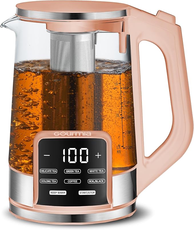 Gourmia Electric Glass Kettle – 1.7L Programmable Tea & Coffee Brewer with Digital Touch Display, 6 Presets, Removable Stainless Steel Infuser, Cordless with 360° Swivel Base, Peach
