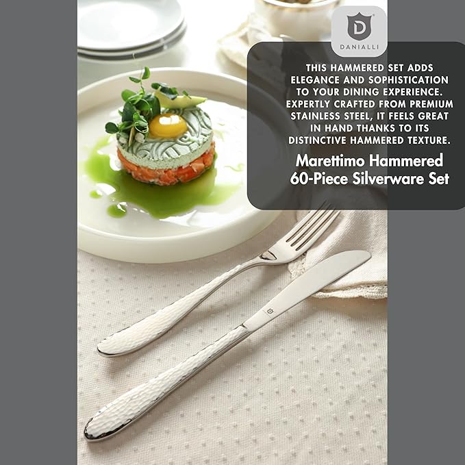 DANIALLI Hammered Silverware Set | Premium 18/10 Stainless Steel Flatware Service for 12 | Heavy-Duty & Dishwasher Safe | Built to Last (60-Piece, Marettimo Hammered)