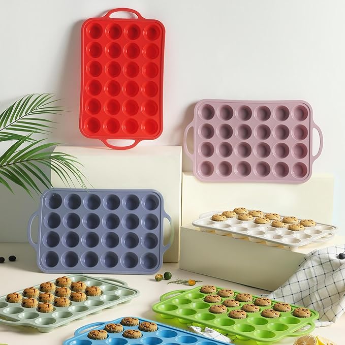 2 Packs 24 Cups Silicone Muffin Pan for Baking with Metal Reinforced Frame Mini Size Cupcake Pan Tray Chocolate Egg Pizza Bites Oven Cookie Mold Muffin Tin Tart Pans Sheet Set Small