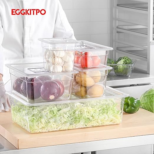 EGGKITPO Half Size Food Containers 6 Pack 6 Inch Deep Hotel Pan Clear BPA free Polycarbonate Stackable Food Storage Container for Kitchen Business and Food Serving