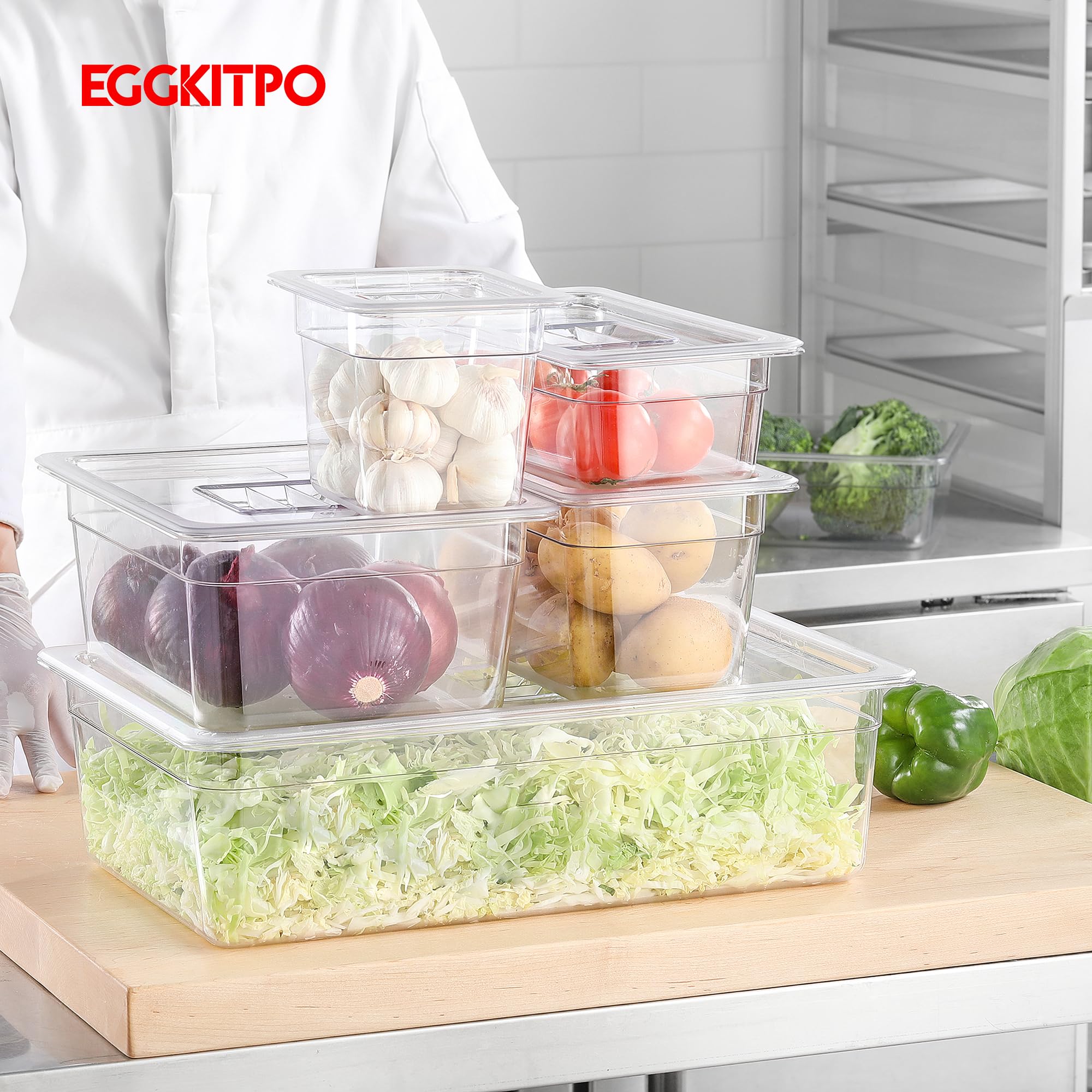 EGGKITPO 1/6 Size Food Pan 6 Packs 4 Inch Deep Clear Food Storage Containers BPA-free Polycarbonate Commercial Hotel Pan for Kitchen Business Use and Food Prep Freezer-safe