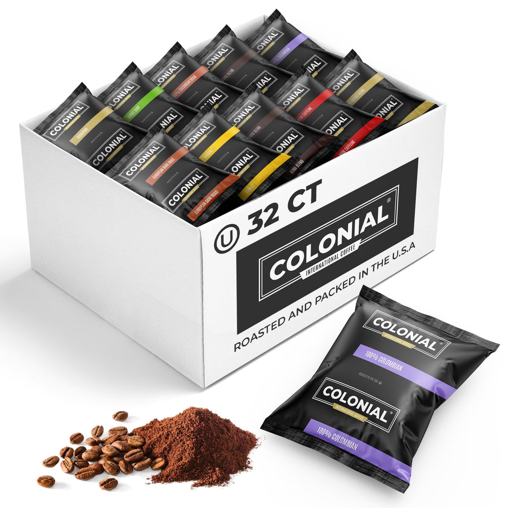 Colonial Coffee Ground Frac Packs, Variety Pack, Med/Dark/Decaf, 32-Ct