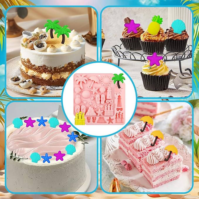 2 Pcs Summer Beach Theme Silicone Molds with 2 Droppers and 1 Brush, Silicone Pineapple Castle Sun Starfish Shell Chocolate Candy Mold for Summer Party Marine Baking Mold