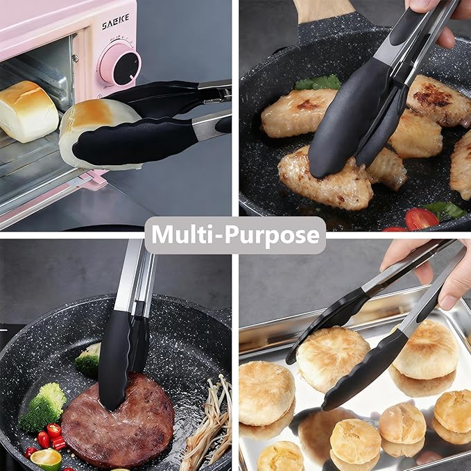 IOCBYHZ Kitchen Tongs for Cooking with Non-Stick Silicone Tips, 600°F Heat Resistant Silicone Cooking Food Tong Set Heavy Duty Stainless Steel Handle for Baking Grilling BBQ Salad Serving, 9" and 12"