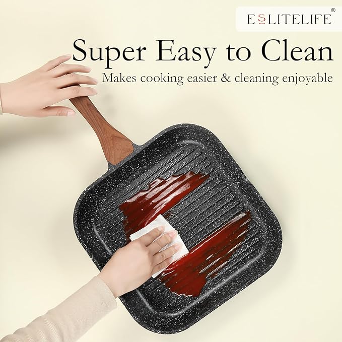 ESLITE LIFE Nonstick Grill Pan with Lid & Tongs for Stove Tops, 9.5 Inch Versatile Square Big Grilling Skillet Steak Pan with Pour Spouts for Indoor & Outdoor Cooking, PTFE & PFOA Free, Black