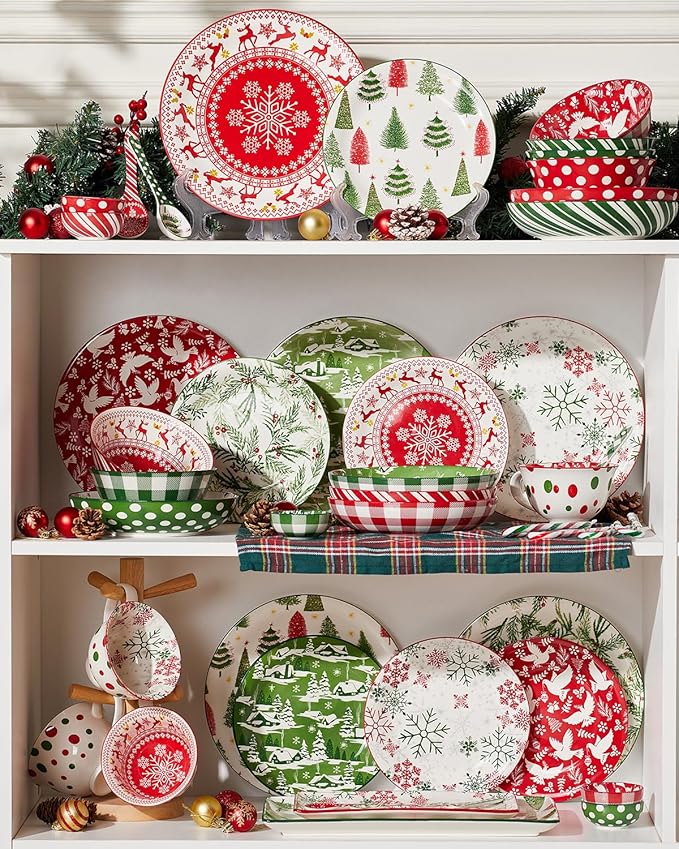 Metahom Christmas Pasta Bowl Set, 8 Inch Salad Serving Bowl, Wide and Shallow Bowl Plate for Kitchen, Dishwasher and Microwave Safe, Set of 6