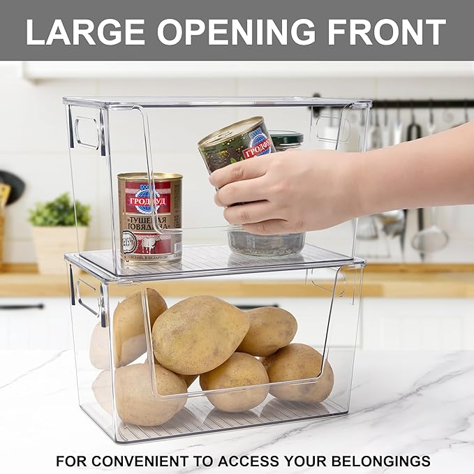 2 Pack Large Stackable Storage Bins, Plastic Container Organizer with Open Front, Pantry Organizers and Storage for Potato, Onion, Fruit and Vegetable, Clear Kitchen Laundry Organizer with Lid