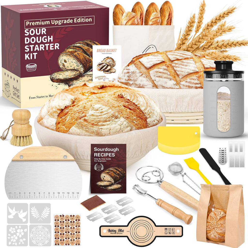 Sourdough Starter Kit with Sourdough Starter Jar, 9"Round and 10"Oval Rattan Banneton Bread Proofing Basket Set, Sourdough Baking Tools, Bread Making Supplies Gift for Bakers