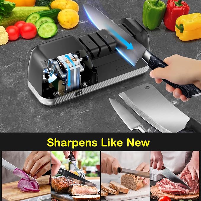Secura 3-Stage Electric Knife Sharpener with Diamond Abrasives and Precision Angle Guides, Professional Sharpening Tool for Kitchen Straight Edge and Ceramic Knife, Black
