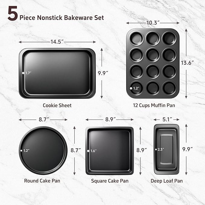 CasaCulina Baking Pans Set, 5-Piece Nonstick Bakeware Sets, Black