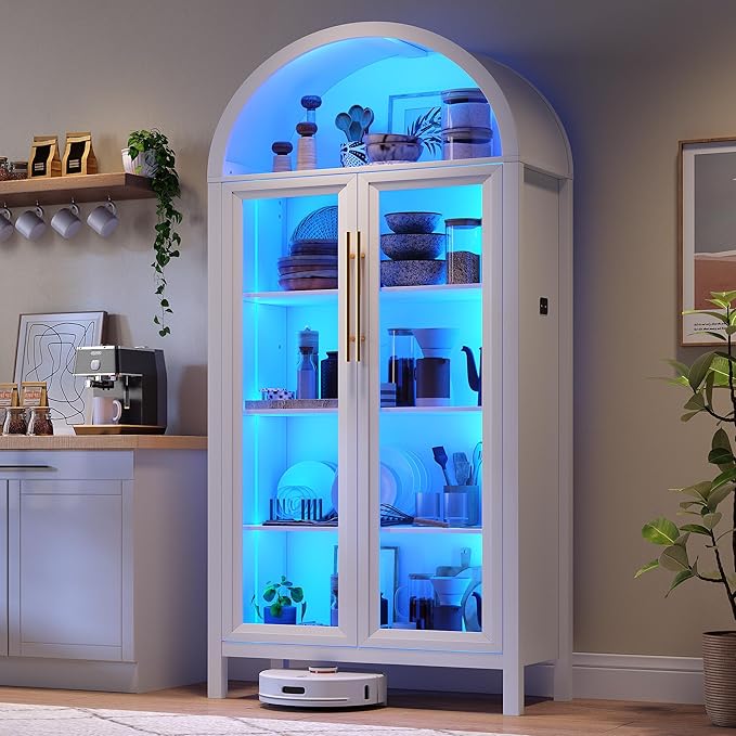 Dystler Arched Kitchen Pantry Cabinet with Glass Doors, Display Curio Case with 3 Color LED Lights for Collectibles, Modern 5-Tier Storage Hutch Cabinet, White