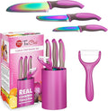 TruChef 5-Piece Kids Knife Set for Real Cooking | Stainless Steel Chef, Paring & Serrated Knives with Peeler & Holder | Safe Junior Chef Cooking Set for Kids (5 pcs, Pink)