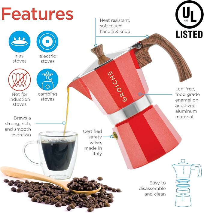 GROSCHE Milano Stovetop Espresso Maker Moka Pot 9 espresso Cup 15.2 oz Red