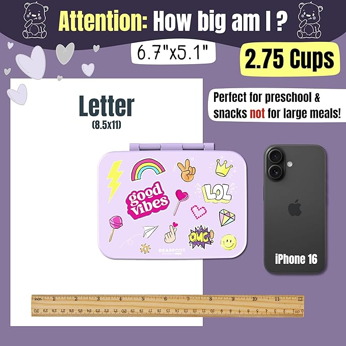 BEARFOOT Kids Lunch Box with Compartments – Compact & Lightweight | Leak-Proof, BPA-Free, Dishwasher Safe | Hand-Drawn Design for Preschool, School, Travel (Sticker Purple, 2.75 Cups)
