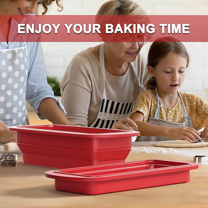 2 Packs of Collapsible Silicone Bread Loaf Pan With Foldable Function and Metal Reinforced Frame,Rectangular Non-Stick Baking Mold Pans for Oven, Bread, Cake, Easy Release(9"x4"x2.5", Red, 2 Pieces)