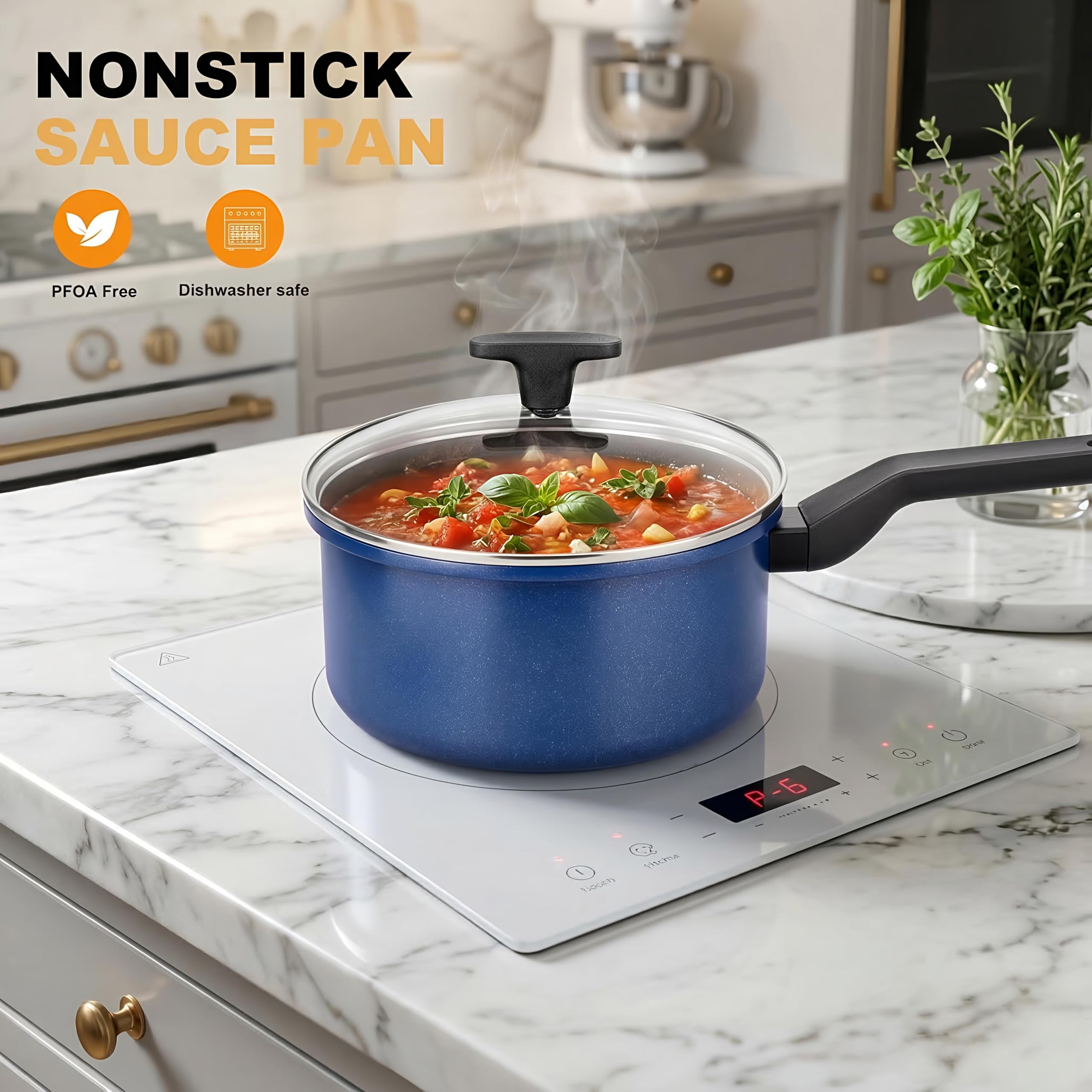 Legacy Culinaryware Nonstick Sauce Pan with Lid,1.5QT small pot, PFOA Free,Kitchen Pots Induction Pot,Cream