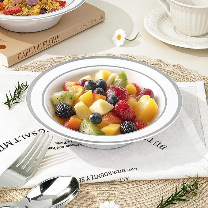 BESTVIP 200 Pack Plastic Bowls with Silver Rim