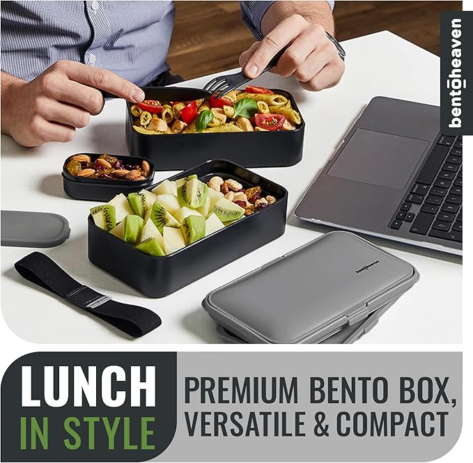 Bentoheaven Bento Box Adult, Stackable Lunch Box, 40 oz, Whispering Gray