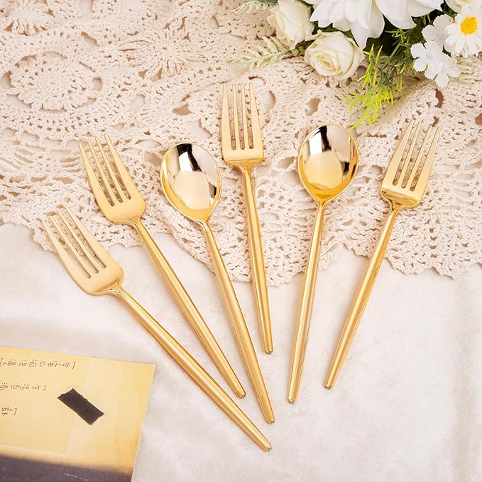 SUT 100PCS Gold Plastic Forks and Spoons Heavy Duty Set, 100 Count, Gold Disposable Flatware, 50 Forks, 50 Spoons for Party