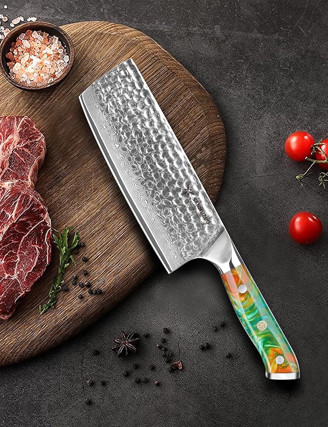 SANMUZUO 7“ Nakiri Knife - Hammered Damascus Steel & Resin Handle - YAO Series