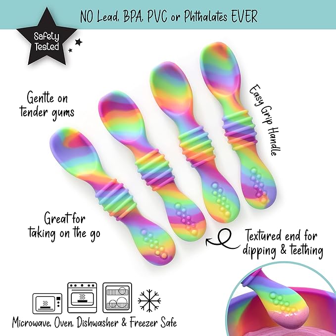 PrimaStella Silicone Chew Spoon Set for Babies and Toddlers | Safety Tested | BPA Free | Baby Spoon 6 Pack (Neon Rainbow)