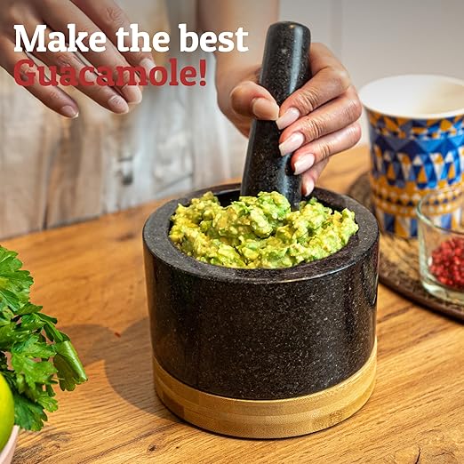PriorityChef Heavy Duty Mortar and Pestle Set with Bamboo Base, 100% Natural Granite Stone Grinder, Guacamole Bowl and Masher, 2 Cups, Black