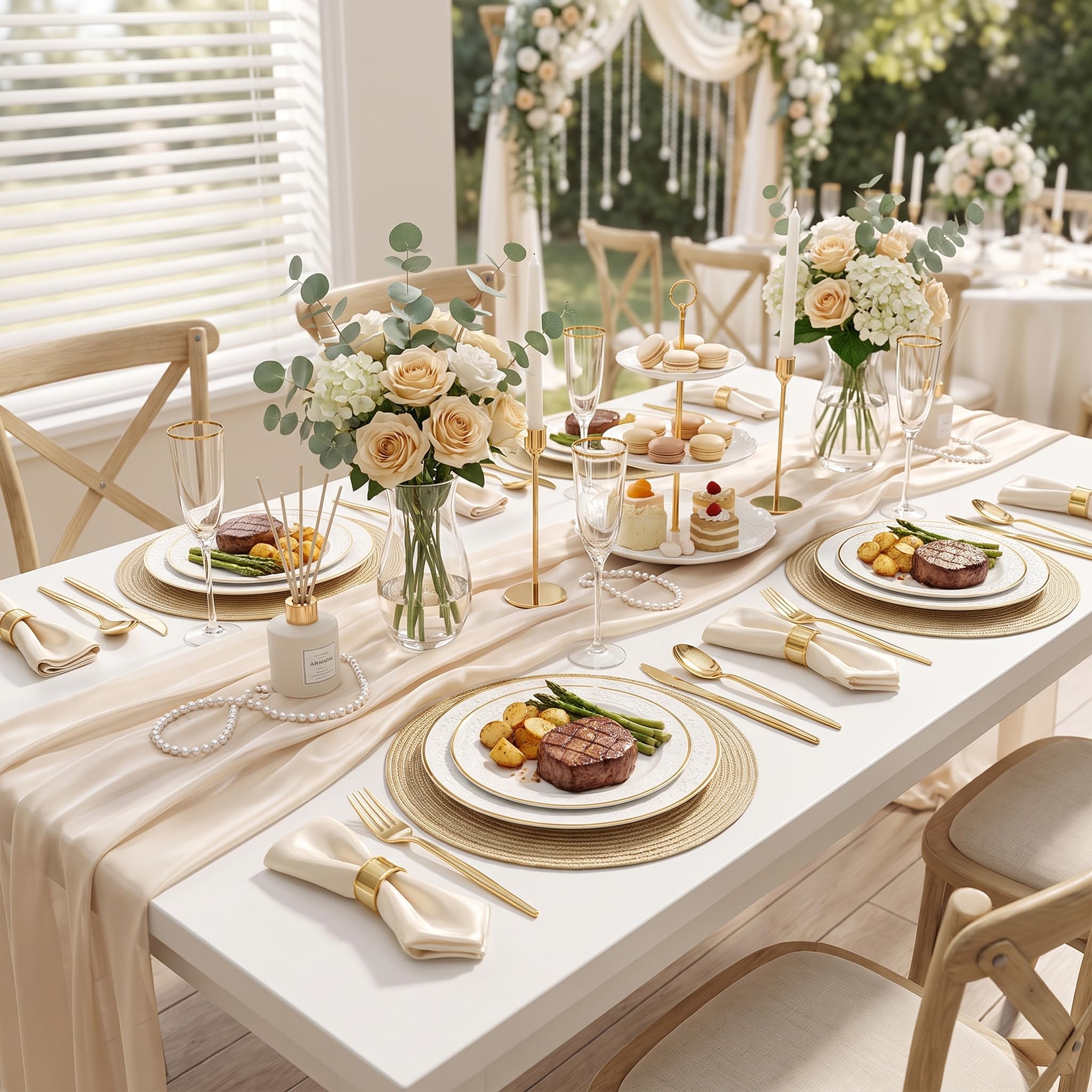 SUT 150PCS Gold Plastic Silverware Set, Heavy Duty Disposable Cutlery for Party,Includes 50 Forks, 50 Spoons and 50 Knives, Elegant Plastic Flatware for Wedding, Birthday and Catering