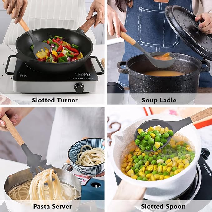 IOCBYHZ Kitchen Cooking Utensils Set, 6Pcs Silicone Kitchen Utensils Set Spatula Spoon Soup Ladle Turner, Heat Resistant Wooden Handle Silicone Cooking Gadgets for Nonstick Cookware & Baking BPA FREE