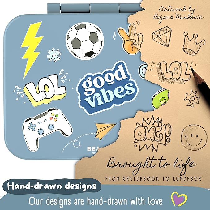 BEARFOOT Kids Lunch Box with Compartments – Compact & Lightweight | Leak-Proof, BPA-Free, Dishwasher Safe | Hand-Drawn Design for Preschool, School, Travel (Sticker Blue, 2.75 Cups)