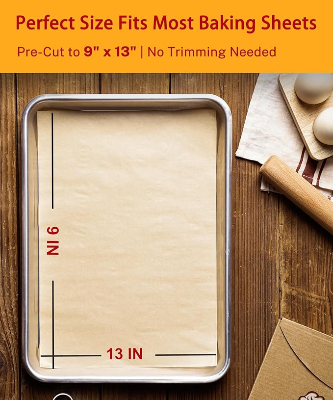 200 Sheets Precut Parchment Paper, 9x13 Inches, Non-Stick, Unbleached