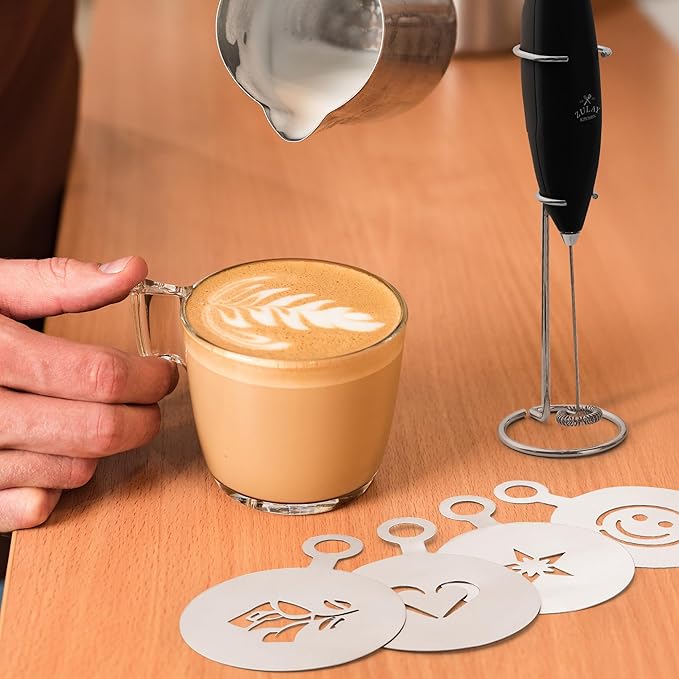 Zulay Premium Gift Milk Frother Set – Handheld Coffee Frother with Stand, 12oz/350ml Frothing Pitcher + 4 Latte Art Stencils – 13,000 RPM Motor, SS Whisk, Battery Operated – Barista Kit (Black)