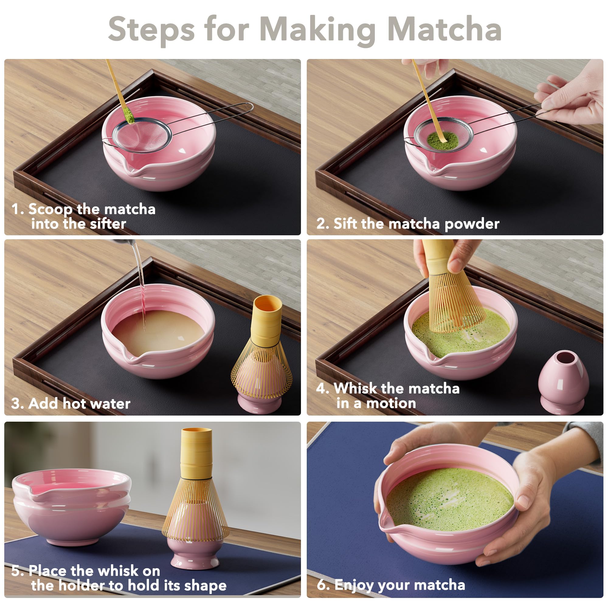 7 Pcs Matcha Whisk Set, Perfect Matcha Kit for Matcha Lovers Includes Ceramic Bowl, Bamboo Whisk, Holder, Scoop, Sifter & Cloth