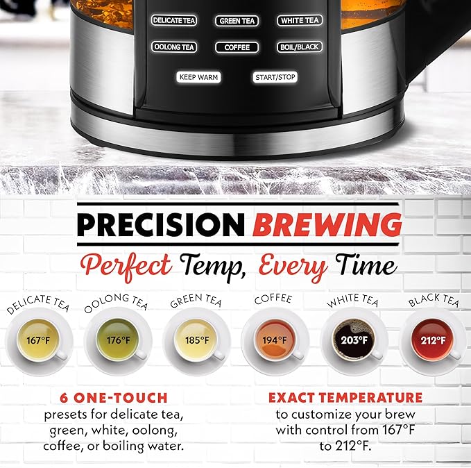 Gourmia Electric Glass Kettle – 1.7L Programmable Tea & Coffee Brewer with Digital Touch Display, 6 Presets, Removable Stainless Steel Infuser, Cordless with 360° Swivel Base, Peach