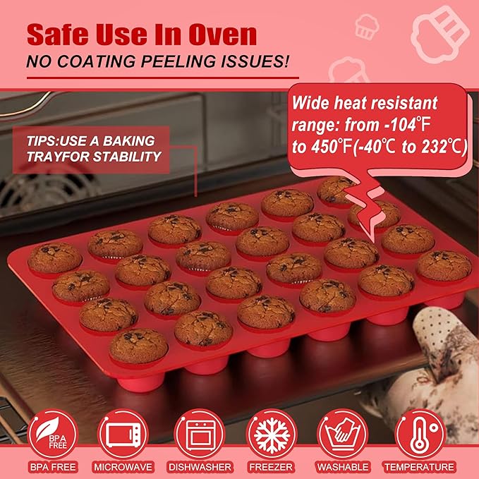 24 Cup Silicone Mini Muffin Pan,Nonstick Food Grade Silicone Baking Cups, Great for Making Muffin Cakes, Tart, Bread- Just Pop Out