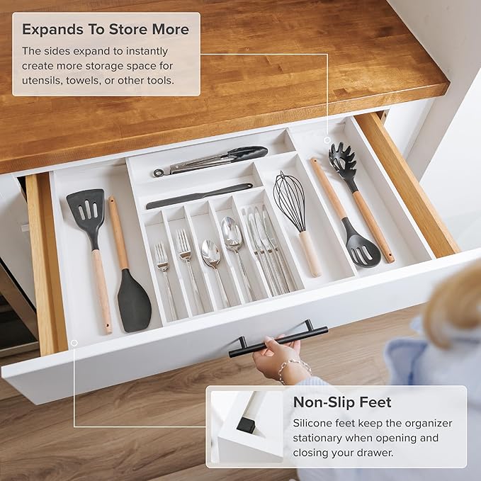 KitchenEdge Silverware & Utensil Drawer Organizer, 16-28 in, White Bamboo