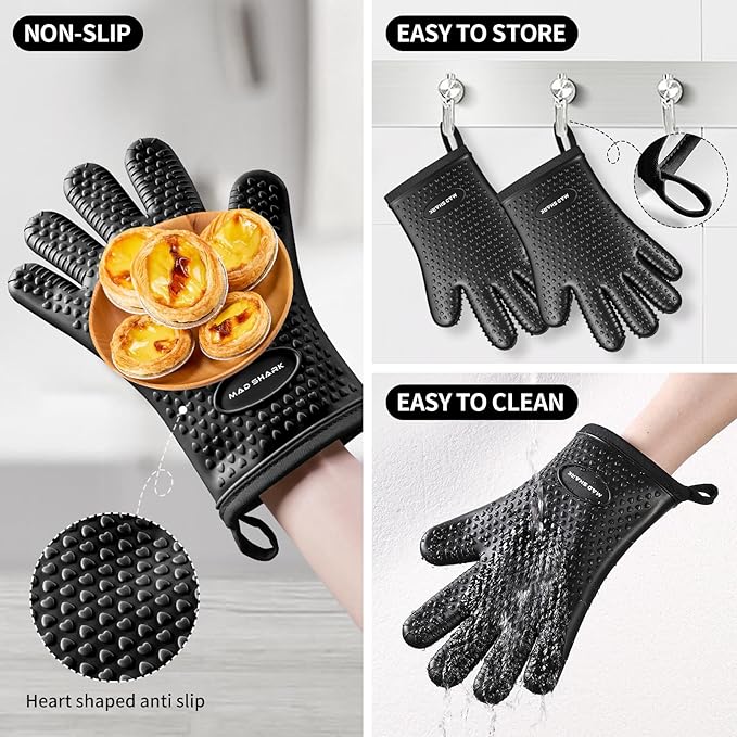 MAD SHARK Silicone Oven Mitts with Fingers Heat Resistant 450°F in Kitchen