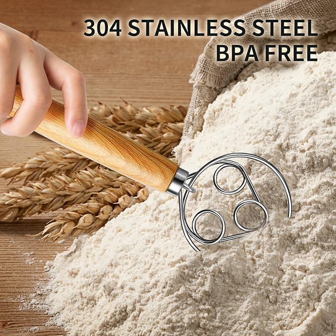 TEEVEA Danish Dough Whisk Wooden Handle Stainless Steel for Sourdough Bread