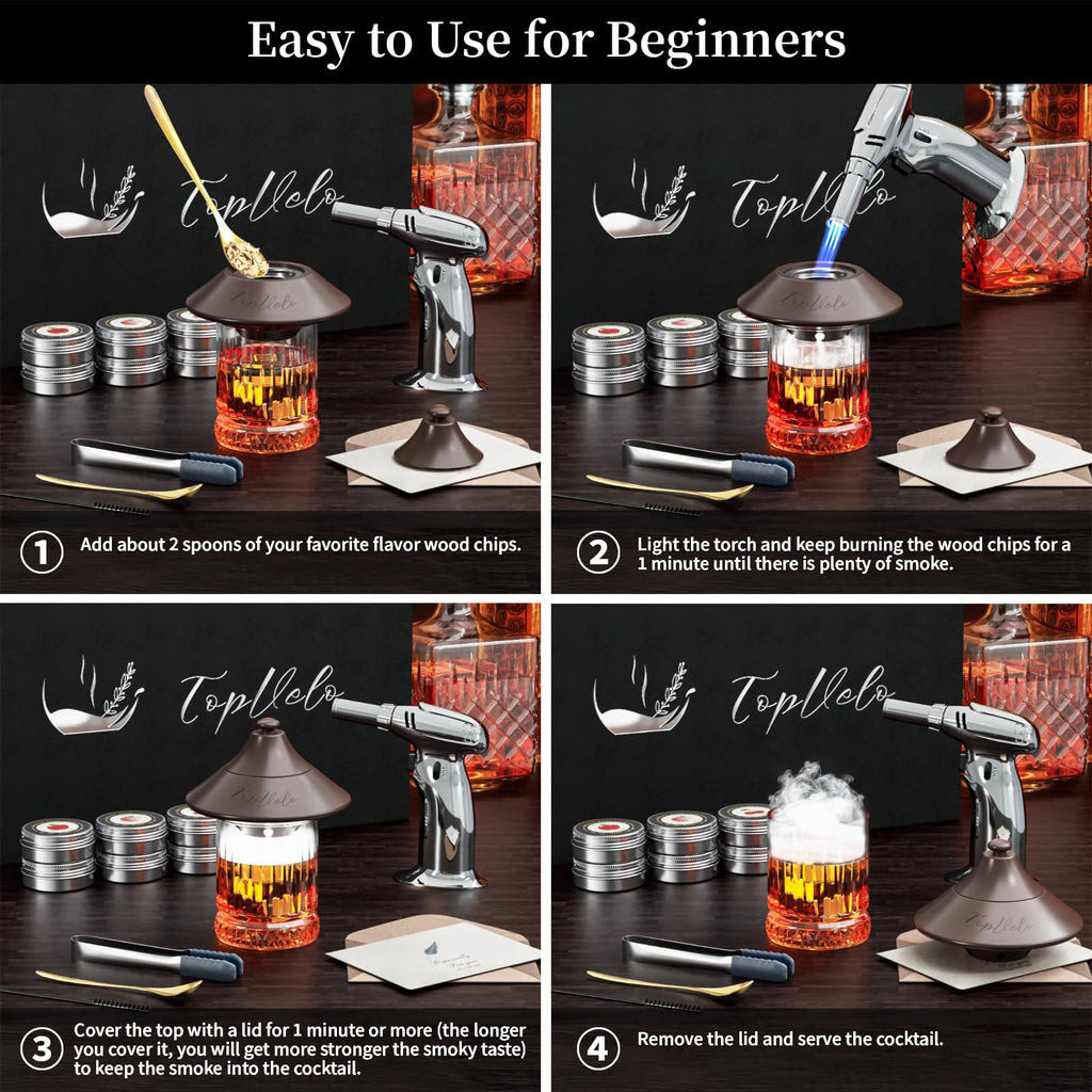 Cocktail Smoker Kit with Torch and Whiskey Glass, 6 Flavors Wood Chips and 3 Whisky Stones for Whiskey & Bourbon, Gift for Husband, Birthday Gift (No Butane), Brown