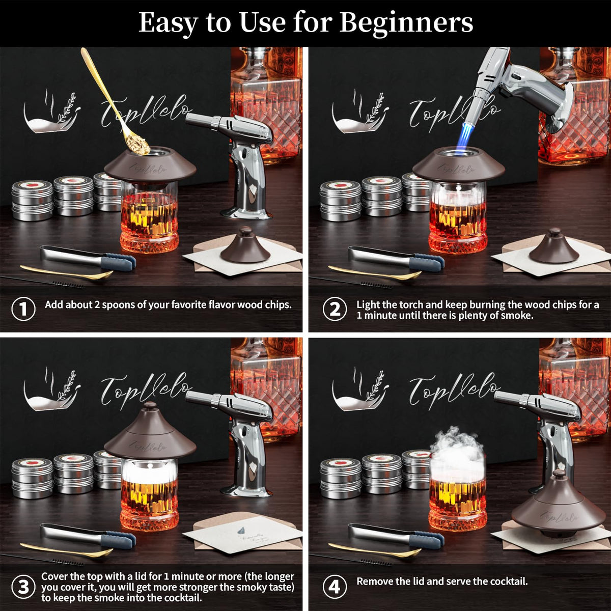 Cocktail Smoker Kit with Torch and Whiskey Glass, 6 Flavors Wood Chips and 3 Whisky Stones for Whiskey & Bourbon, Gift for Husband, Birthday Gift (No Butane), Brown