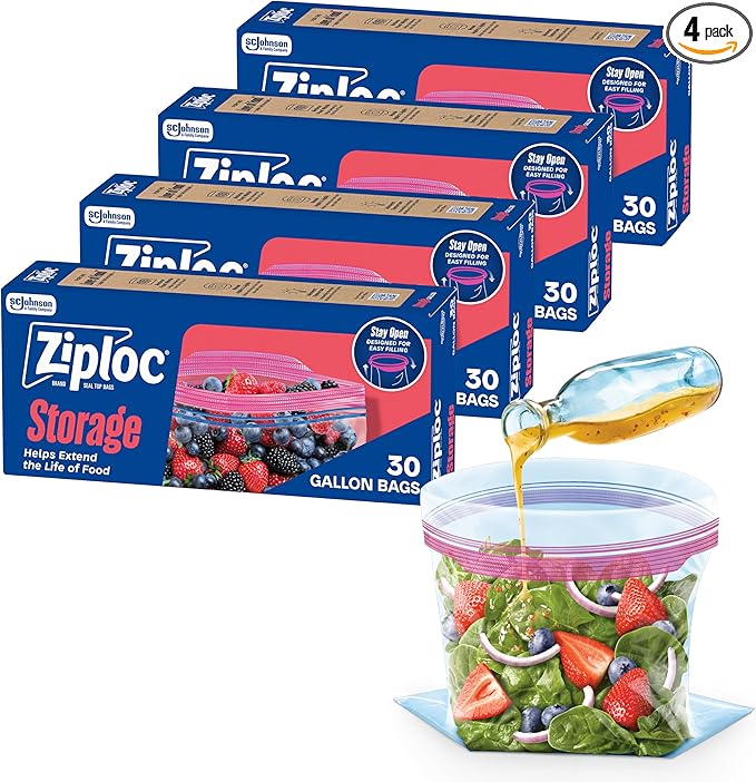 Ziploc Gallon Food Storage Bags, 120ct Total, Stand-Up Bottom, Easy to Fill, 30 Count (Pack of 4)