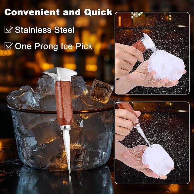 4Pcs Ice Pick Set Stainless Steel Ice Chipper with Wood Handle Bartender