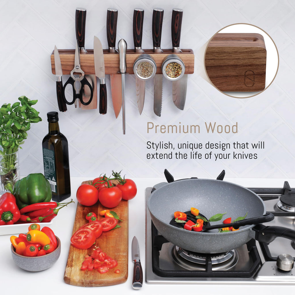 Walnut 16 inch Magnetic Knife Holder for Wall with 2x Storage & Charming Wood - Knife Magnetic Strip, Under Cabinet Magnet Knives Storage - Magnet Strip Rack Kitchen Utensil Holder Organizer Tool
