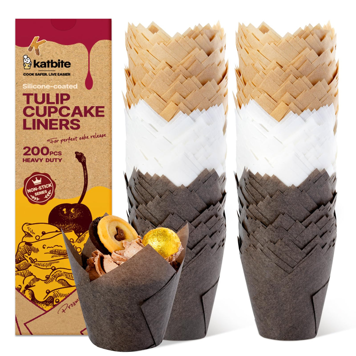 Katbite Tulip Cupcake Liners 200PCS, Standard Size Muffin Baking Cups Brown