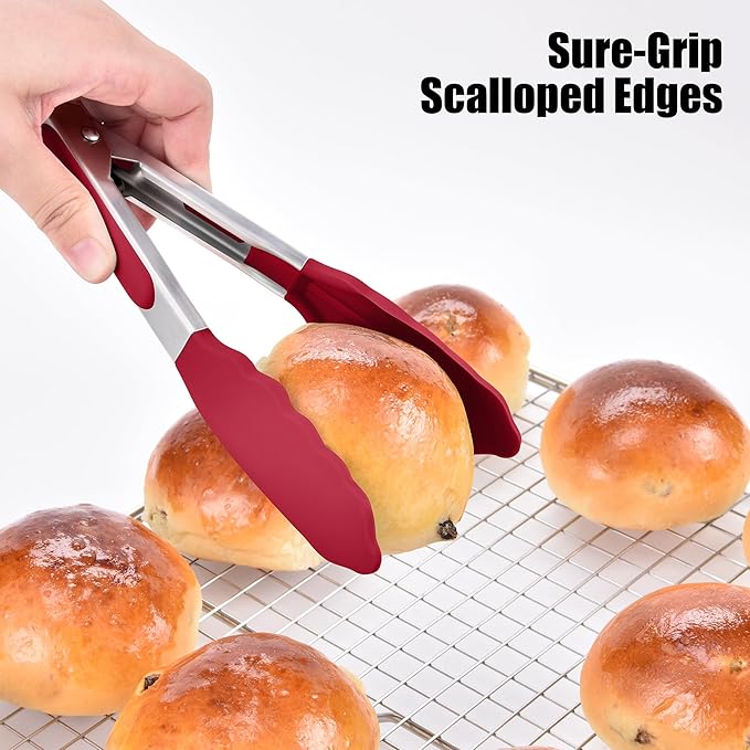 Doosu Kitchen Tongs with Silicone Tips for Cooking Serving (7in, Red)